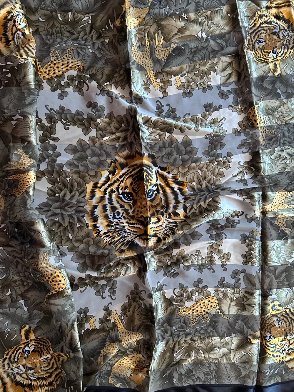 Silk feel Tiger Print Scarf - Olive Green and Gold